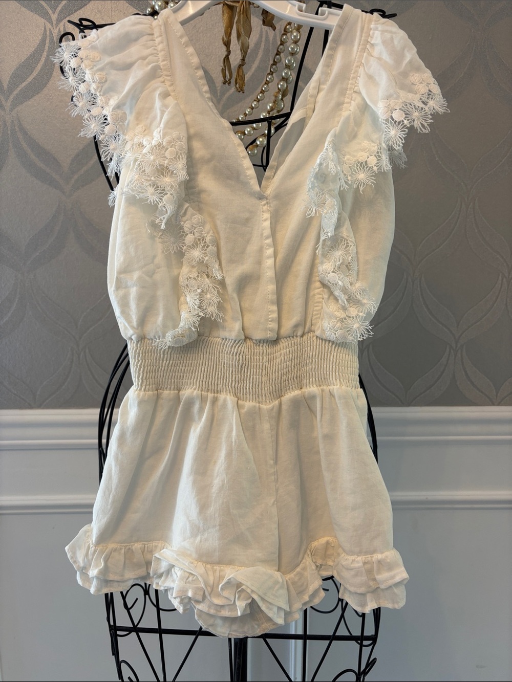 Peixoto Cream Ruffle Lace-Trim Romper
